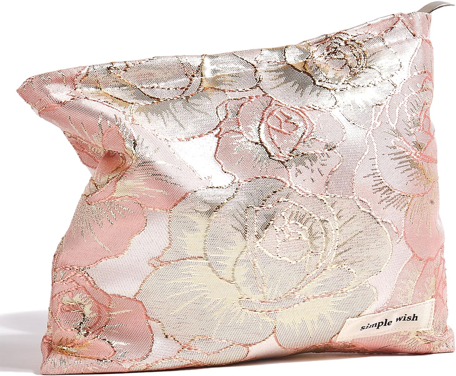 Makeup Bag Small Cosmetic bag Embroidery Preppy Canvas Toiletry Bag for women Cute zipper pouch Organizer Travel accessories (02-Gold Pink Flowers, Small)