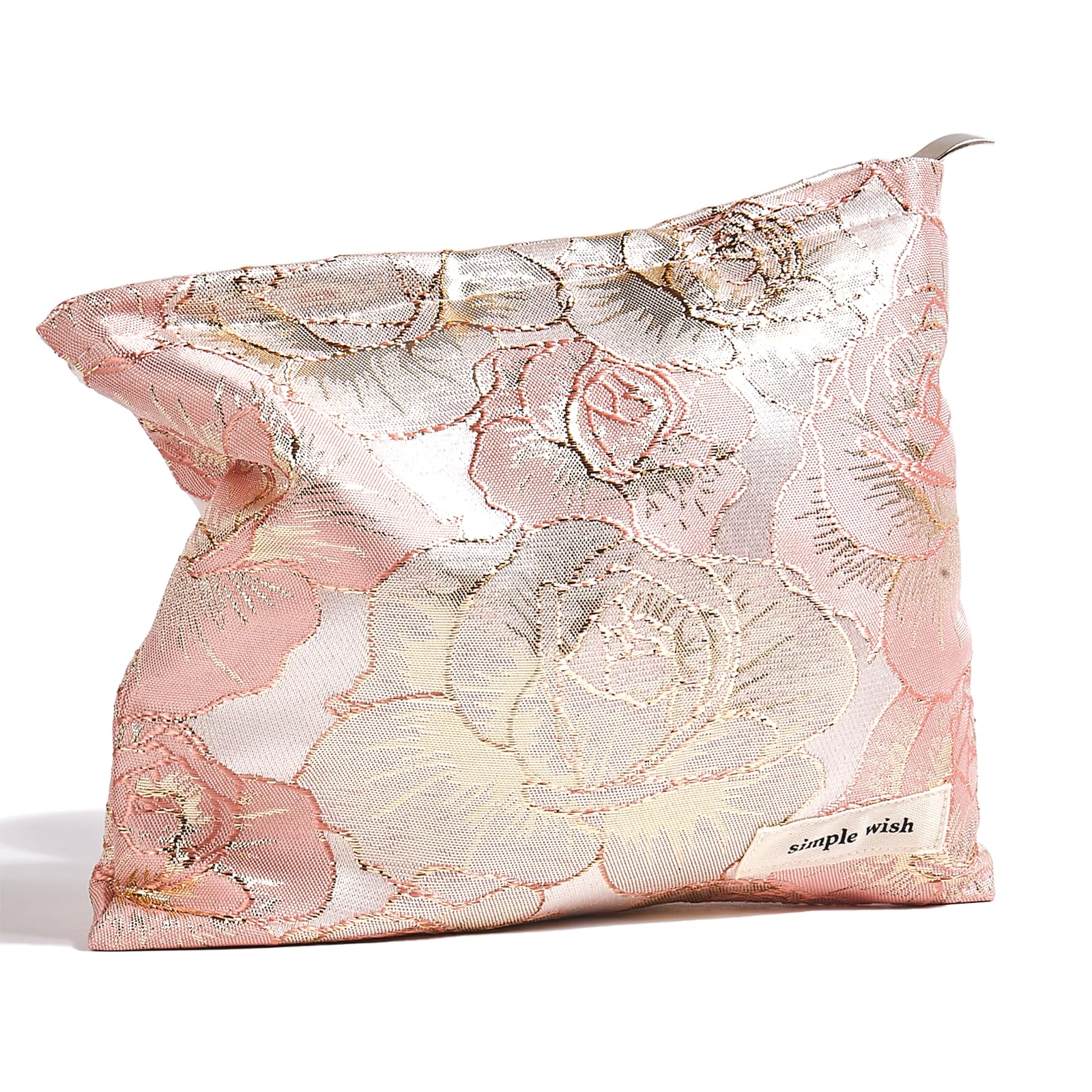 Sminra Makeup Bag Small Cosmetic bag Embroidery Preppy Canvas Toiletry Bag for women Cute zipper pouch Organizer Travel accessories (02-Gold Pink