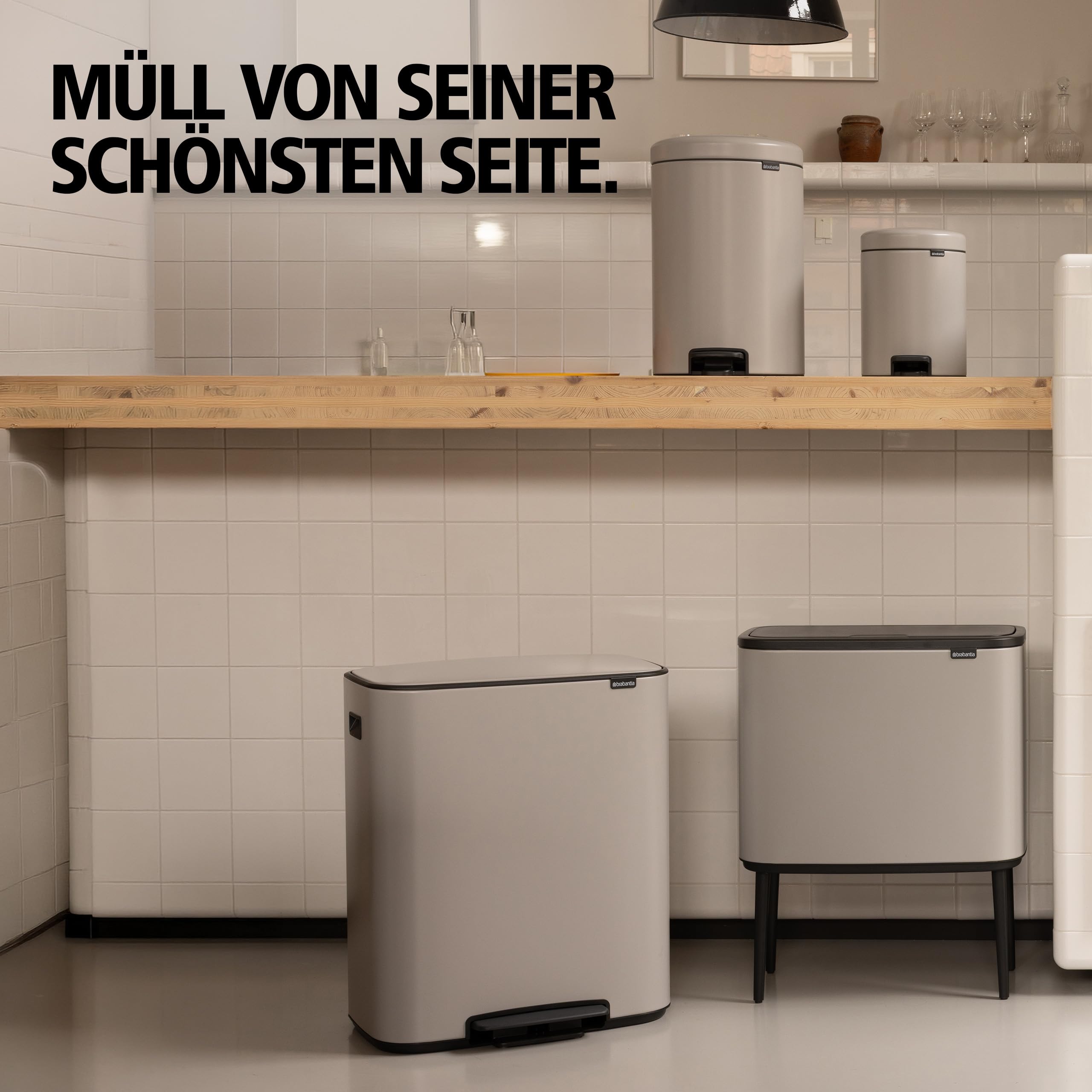 Brabantia Bo Tretmülleimer – 2 x 30 l Inneneimer (Soft Grey) Großer Abfalleimer-/Recycling Behälter – sanft schließender Deckel