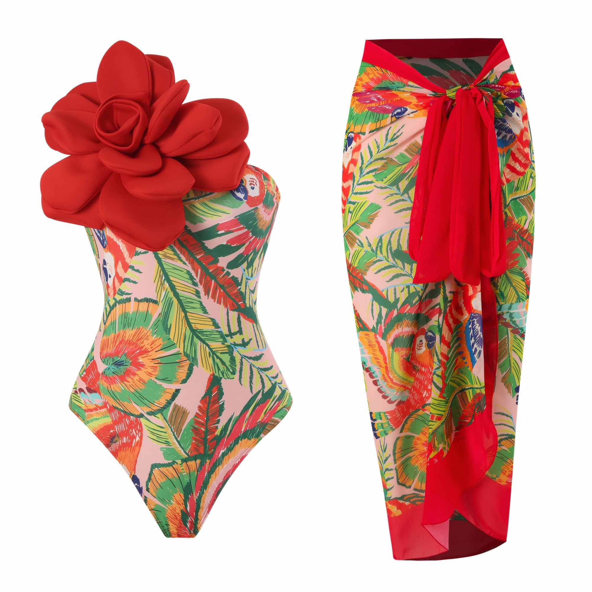 YUNIDMEIM One Shoulder Swimsuits for Women 3D Flower Decoration One Piece Swimsuit with Cover up Set