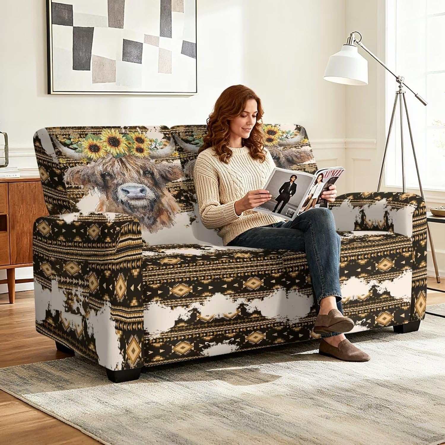 Suobstales Aztec Highland Cattle Sunflower Print Recliner Loveseat Covers, Stretch Reclining Sofa Covers, 2 Seater Couch Cushion Jacquard Recliner Slipcovers Furniture Protector Covers for Pet Kid