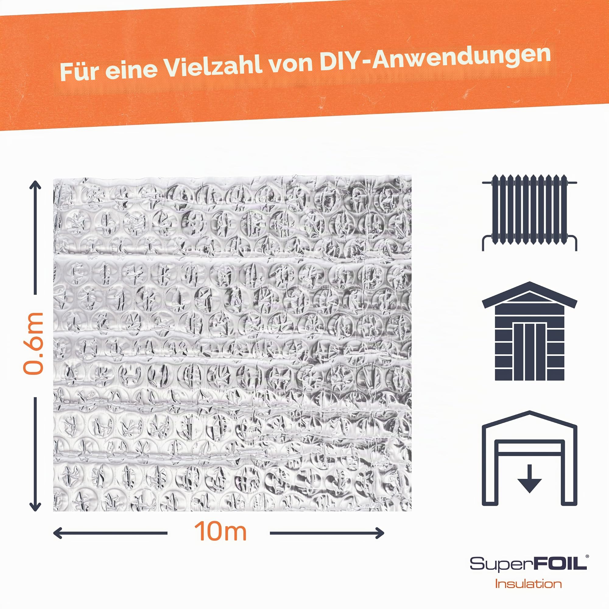 SuperFOIL Dämmfolie 0,6m x 10m - Energieeffizientes MDS-Set - Nachhaltige 3-in-1-Wärmeisolierung mit reflektierender Strahlungssperre und Dampfsperre - Zuhause und Auto