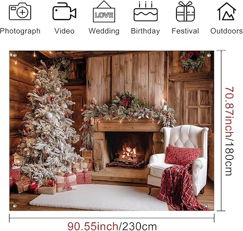 Miniatura 4 de Telón de fondo de chimenea de cabaña de Navidad de 8 x 6 pies para fotografía, pancarta rústica de vacaciones con árbol de Navidad blanco y fondo