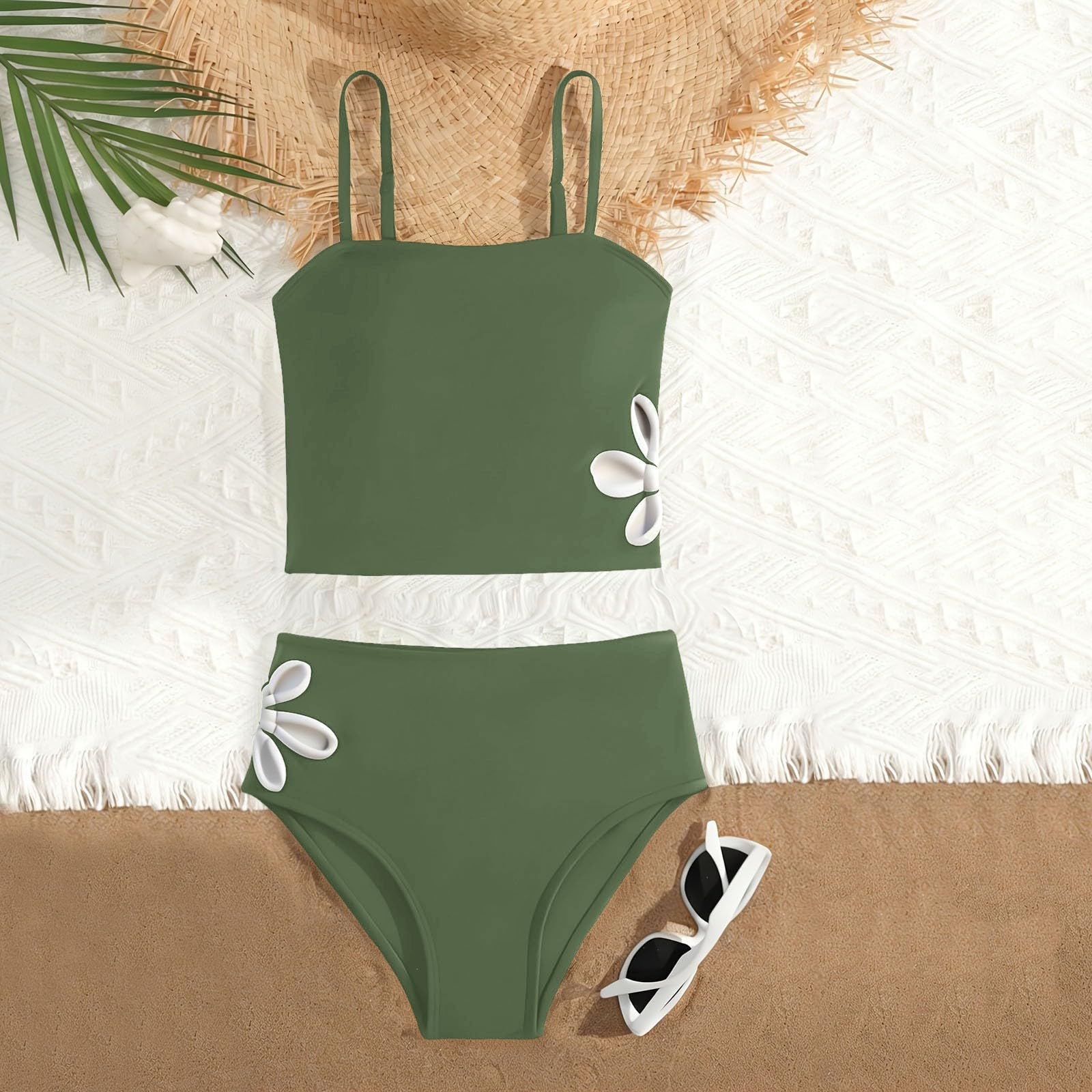 Costume da Bagno Tankini Due Pezzi con Stampa Floreale Laterale per Ragazze, Tinta Unita Estivo