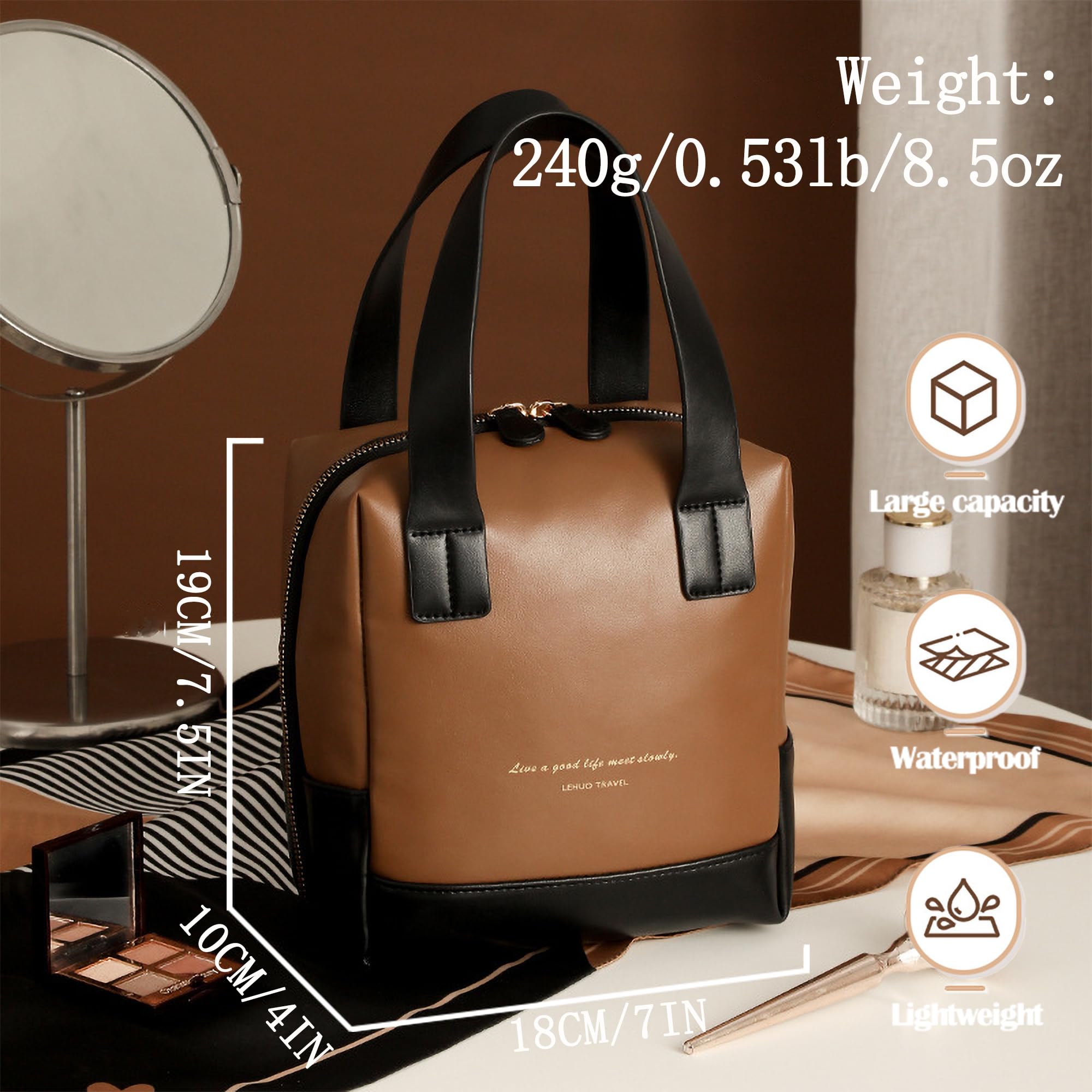 Minimalist Retro Style Makeup Bag for Women Girls Travel-Waterproof PU Leather Cosmetic Organiser for Makeup Brushes&Nail Polish/Portable Toiletry Bag with Zipper/Essentials Handbag - Image 2