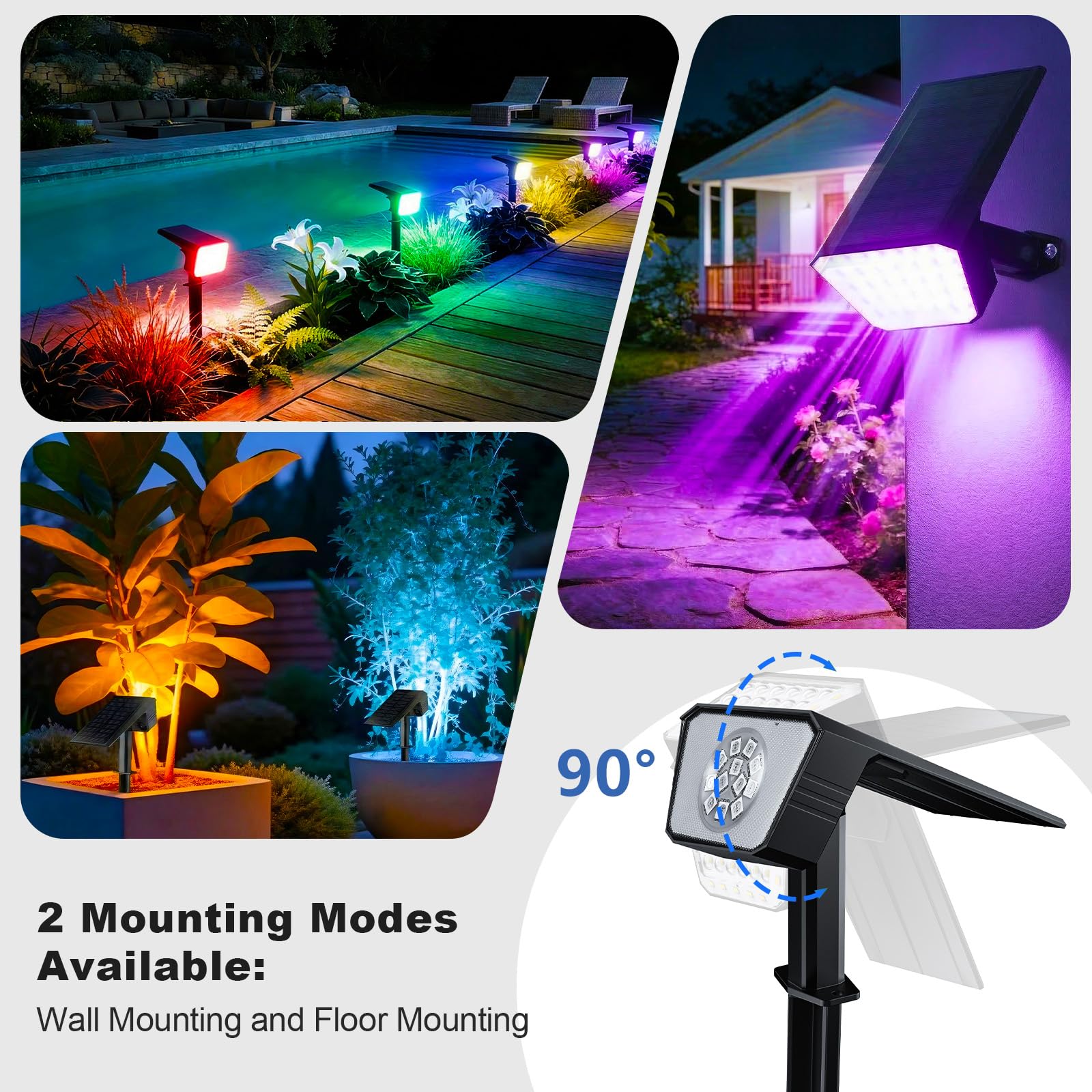 FIFlying Luces Solares LED Exterior Jardin 4 Piezas, 12 LED Focos LED Exterior Solares, 8 Modos Impermeable IP67 Foco Solar para Patio, Caminos, Terraza, Calzada, Piscina, Césped - Multicolor