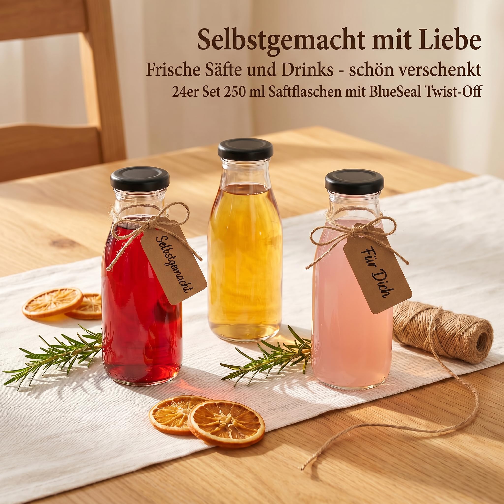 gouveo confezione da 24 bottiglie di succo da 250 ml con tappo a vite, nero opaco BS - bottiglie di vetro da 0,25 l con chiusura TO43 - bottiglie vuote per succhi, frullati e limonata (SF250SZBS)