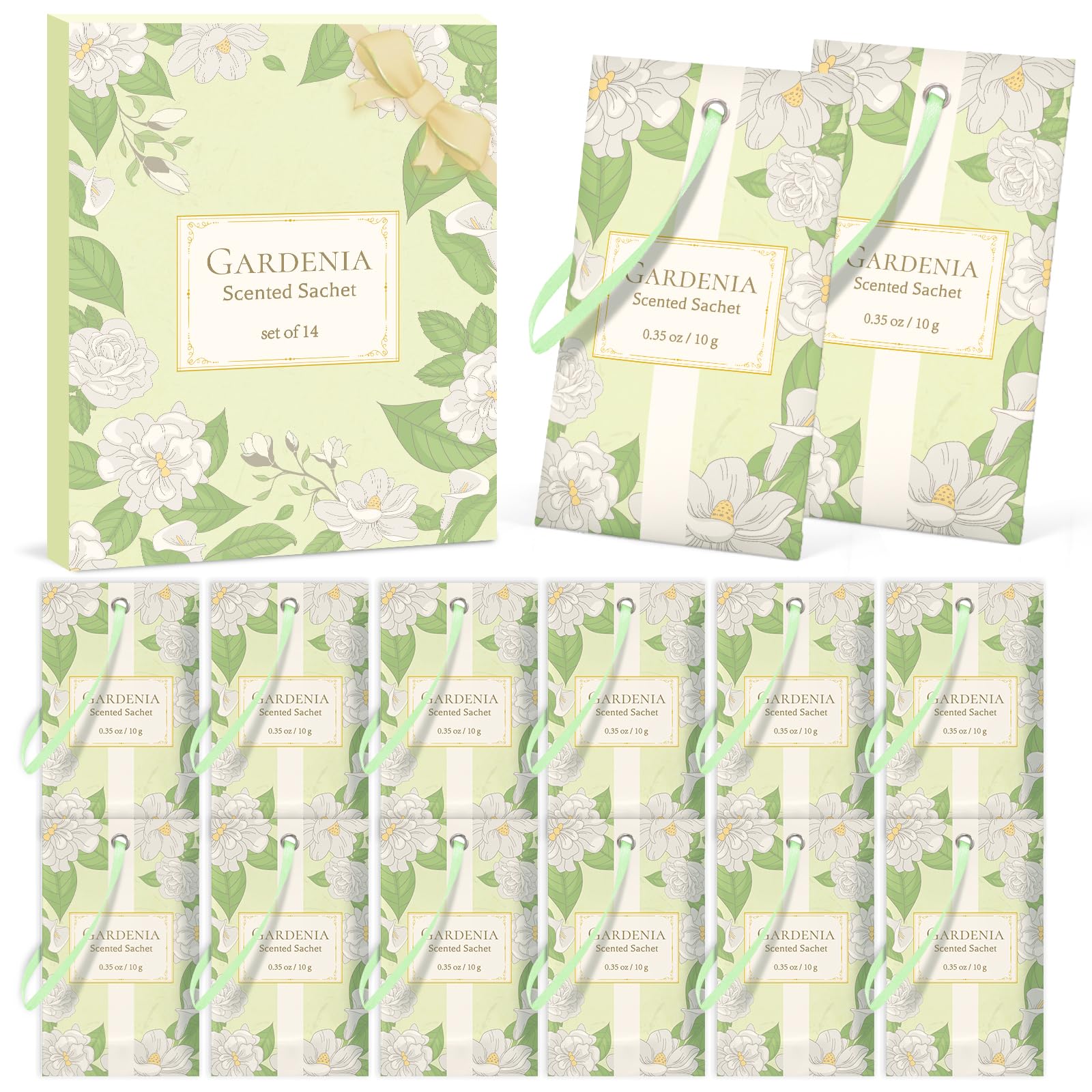 SCENTORINI Scented Sachets Gardenia Fragrance - Hanging Floral Wardrobe Freshener Drawer Deodorizer Bags - 14pcs Natural Long Lasting Sachet for Closet, Car, Linen, Gift Use