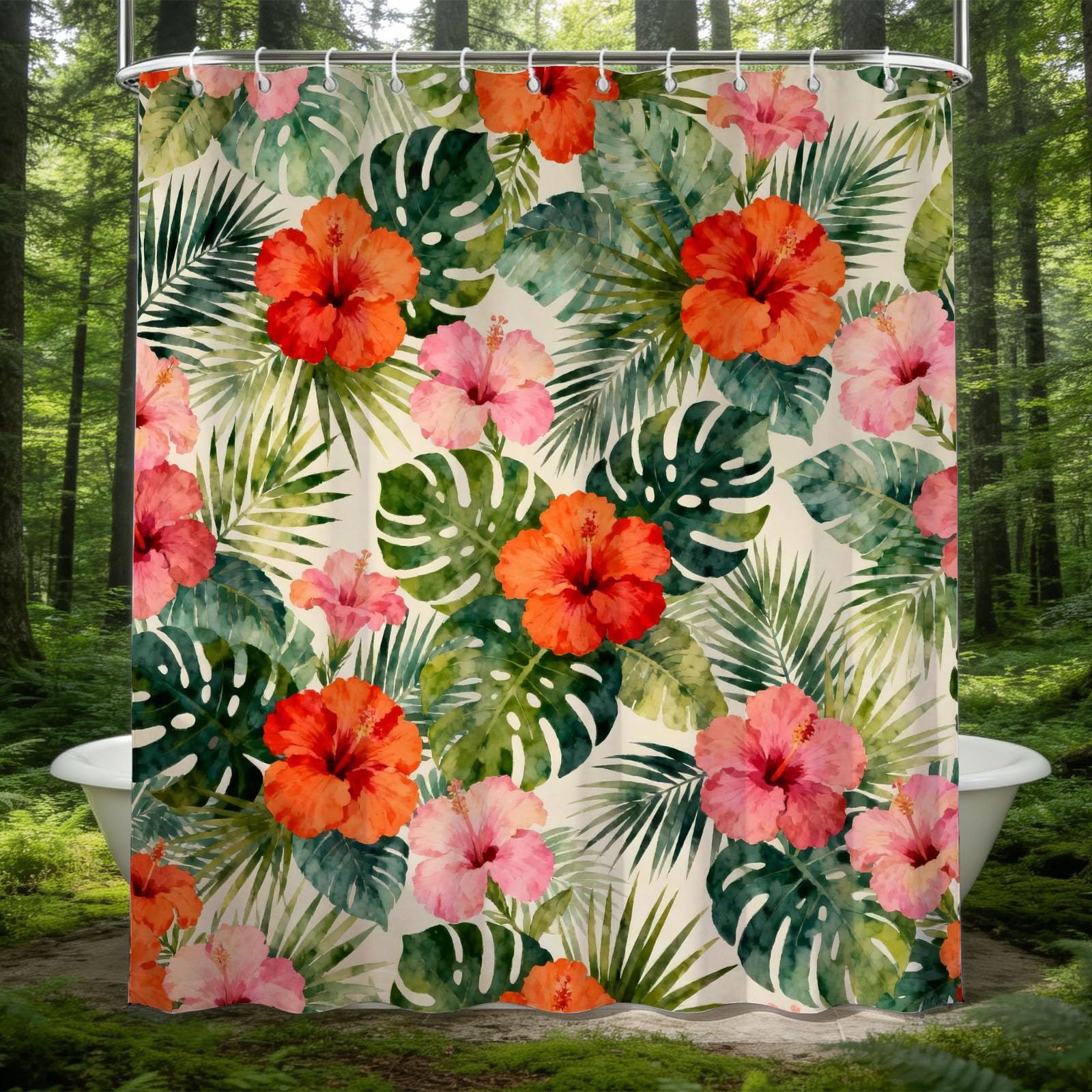 Hongduo 3D Watercolor Tropical Flowers Shower Curtain for Stalls Bathtubs Monstera Bathroom Decor Shower Curtain Set Polyester Fabric Waterproof 180x200cm/71X79 Inch with Hooks