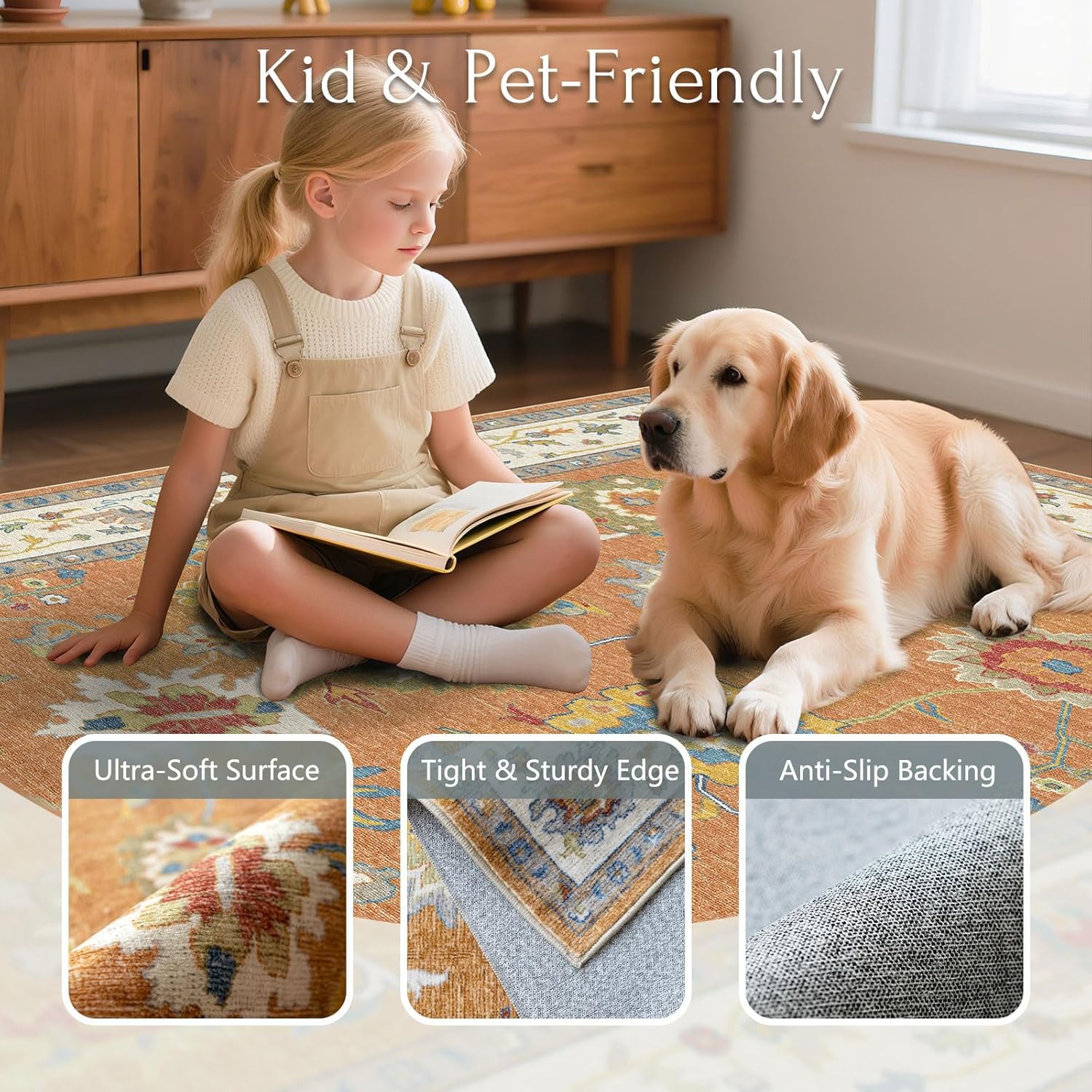 BLISSA Washable Area Rug 5x8 - Soft Brown Orange Ochre Oriental Traditional Oushak Print Bedroom Rug Non-Slip Vintage Farmhouse Soho Carpet Floor Rugs for Living Room Bedroom Dining Room Home Office