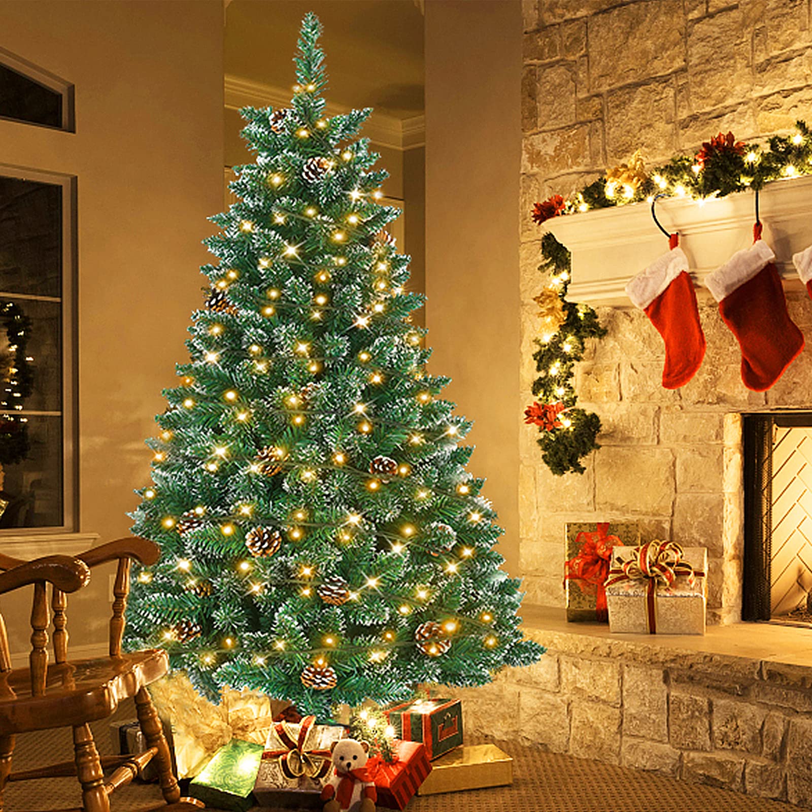 Sapin De Noël Artificiel 120 Cm Avec Guirlandes LED - PVC Vert Ignifuge - Montage Rapide - Support Inclus - Décorations Fêtes - 9