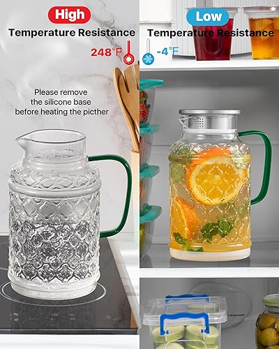 Miniatura 6 de Paquete de 2 jarras de vidrio con tapa, jarra de agua de vidrio vintage de 64 onzas1.8 litros, antideslizante y fácil de limpiar, jarra de agua para