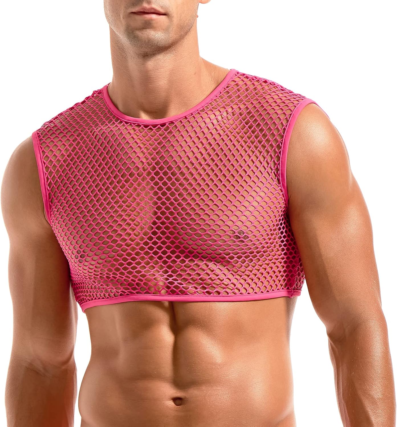 AMY COULEE Mens Fishnet Crop Top Sexy Mesh Tank Top See Through Sleeveless Undershirts Nightclub Party Vest