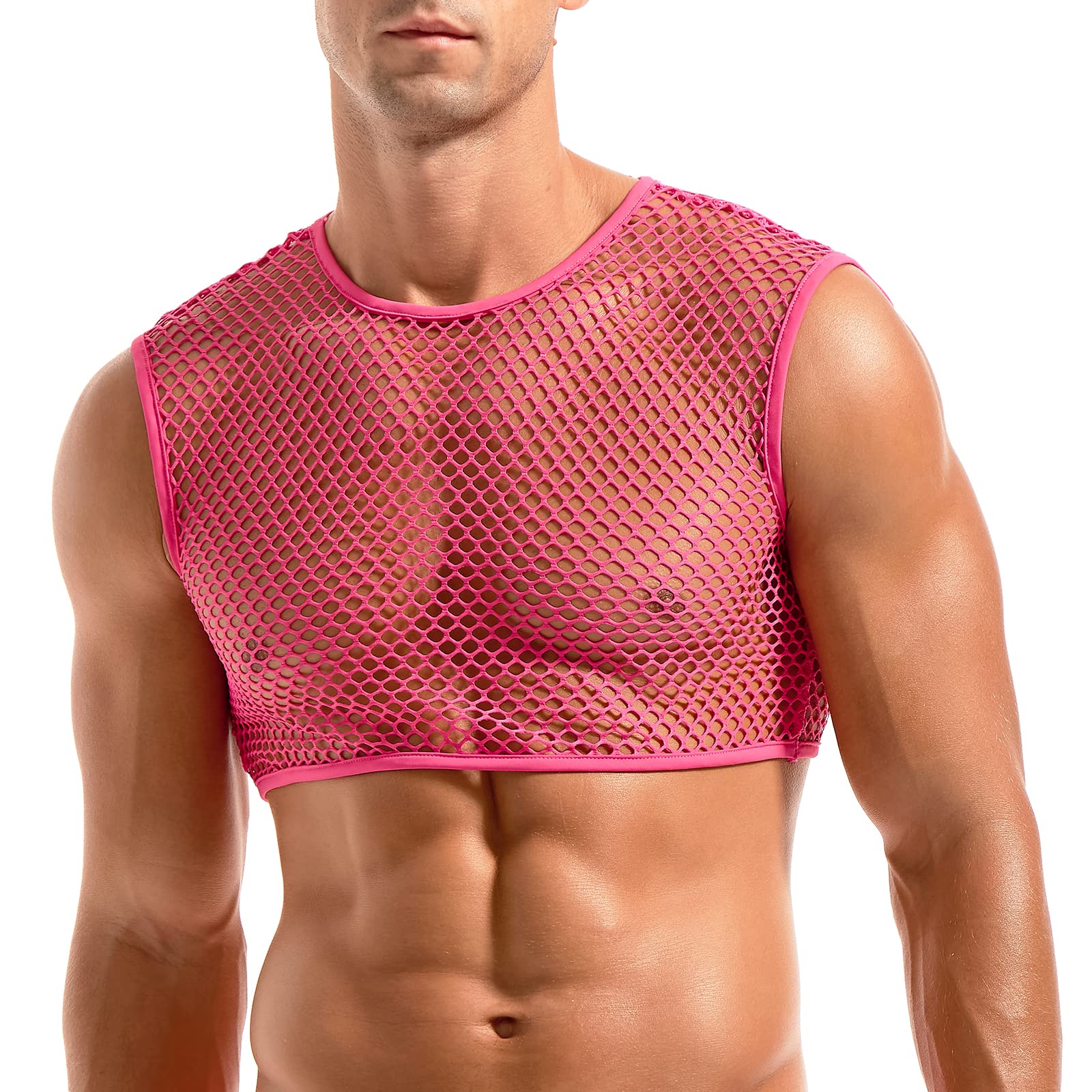 Amy Coulee Men's Pink Fishnet Crop Top Sexy Mesh Vest See Through Sleeveless Shirts Muscle Tank Top Novelty Party Clubwear (, Xl)