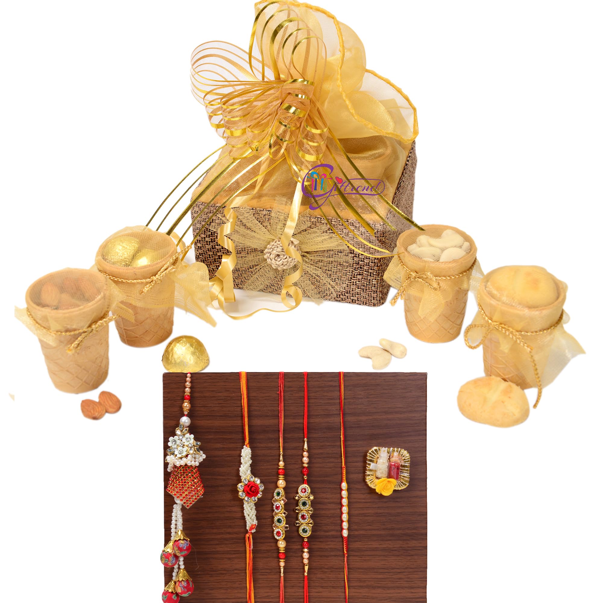 Giftrend Rakhi Dry Fruits Gift Hamper Delights Eco Friendly Edible Cups for Brother | Raksha Bandhan Dry Fruits and Chocolates Basket with 5 Rakhis-image-48