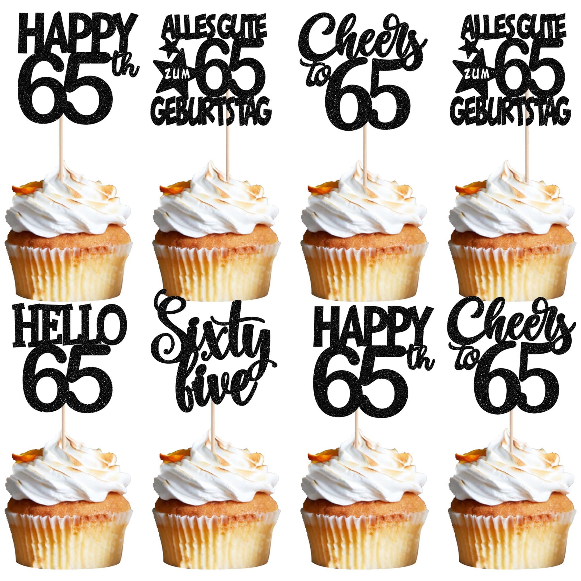 30 Stück Alles Gute zum Geburtstag 65 Tortendeko Glitzer Hello 65 Sixty Five Cupcake Toppers Happy 65th Kuchen Deko für Prost auf 65th Jahre Jahrestag Party Kuchen Dekorationen Schwarz