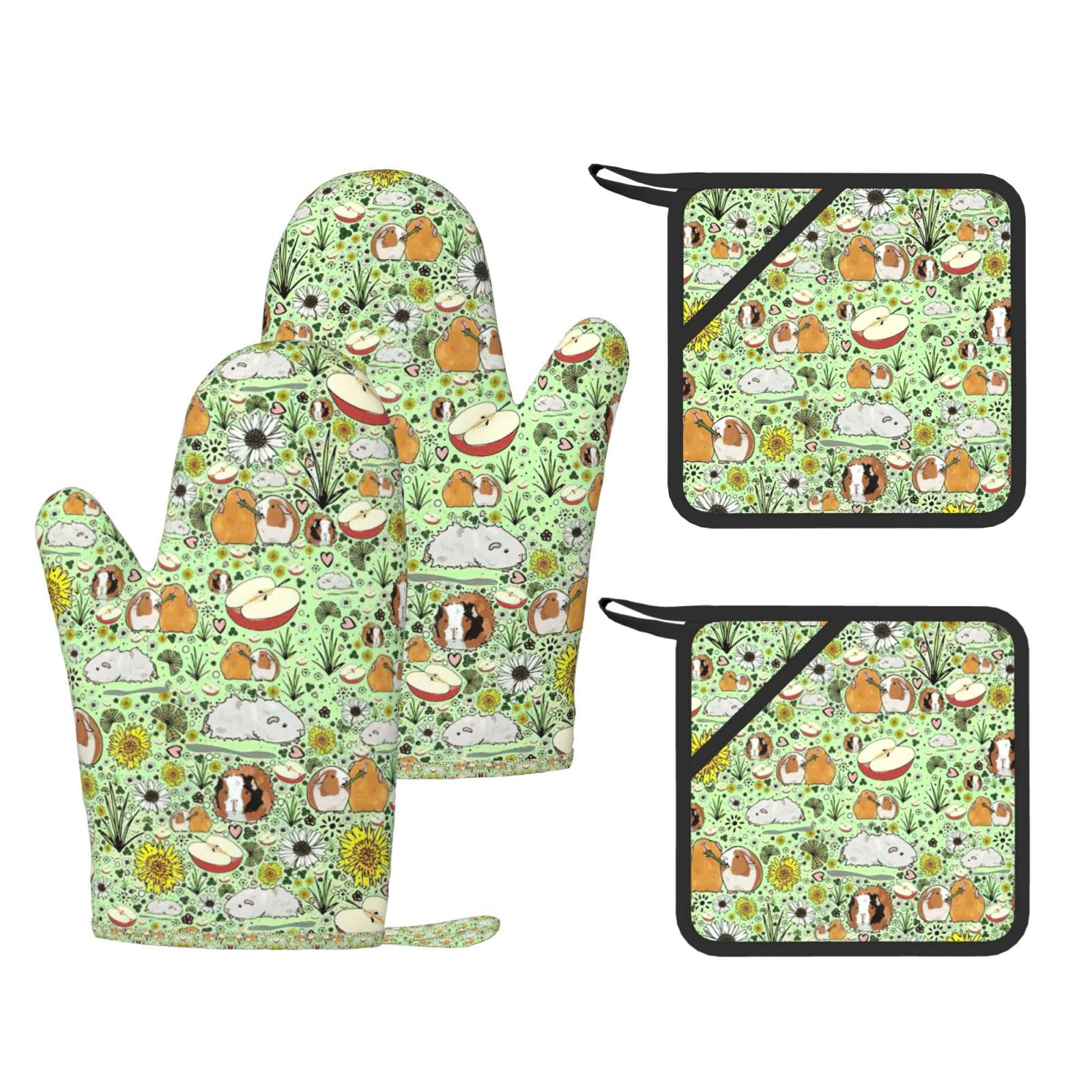 guinea pig Printed Oven Mitts and Pot Holders Set of 4, Heat Resistant Silicone Gloves for Baking Grilling