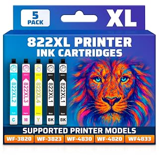 Reluen 5-Pack 822XL High Capacity Ink Cartridges – Replacement Set (2 Black, 3 Color: Cyan, Magenta, Yellow)