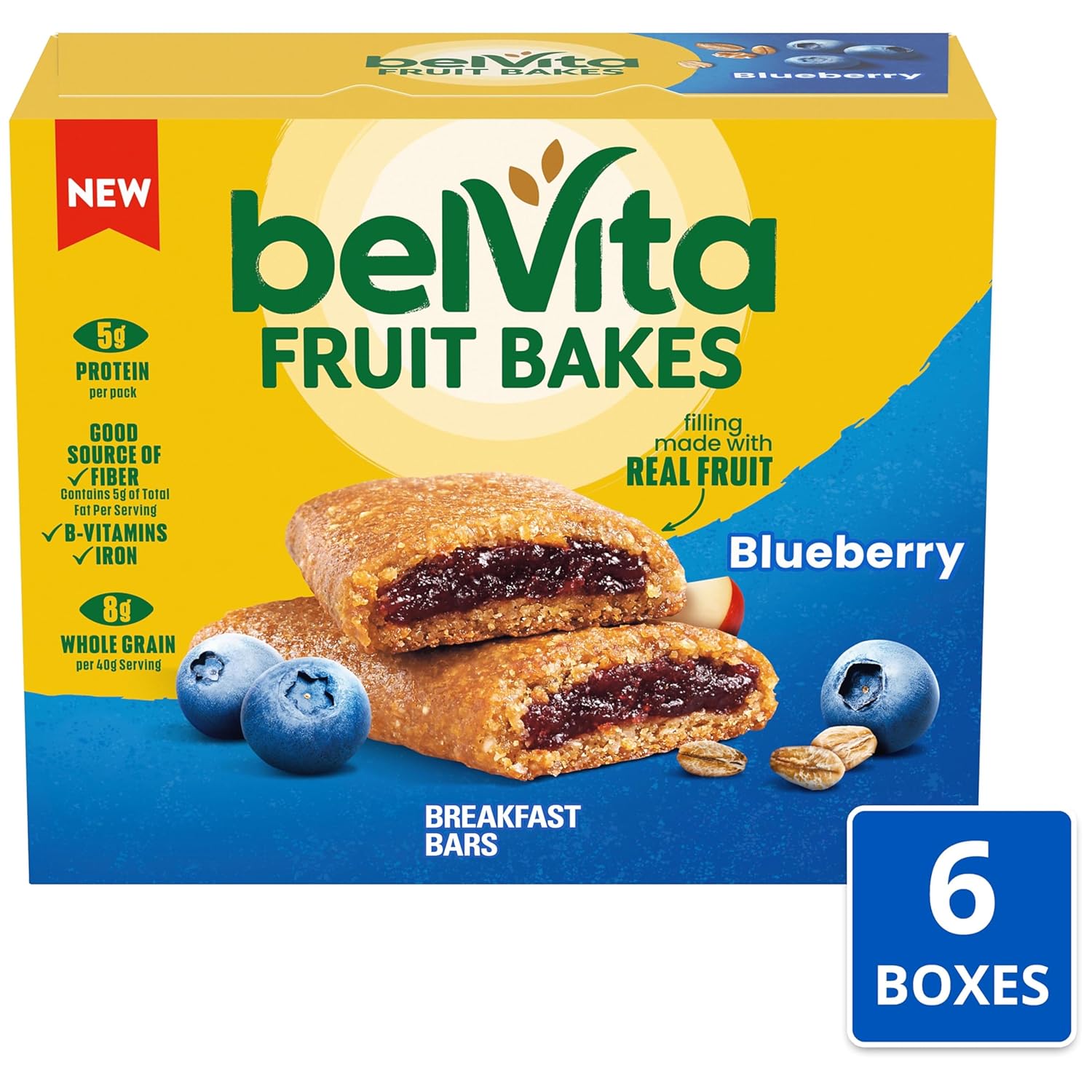 belVita Fruit Bakes, Blueberry, Soft Baked Breakfast Bars, 6 Boxes of 5 Packs (2 Fruit Bars Per Pack)