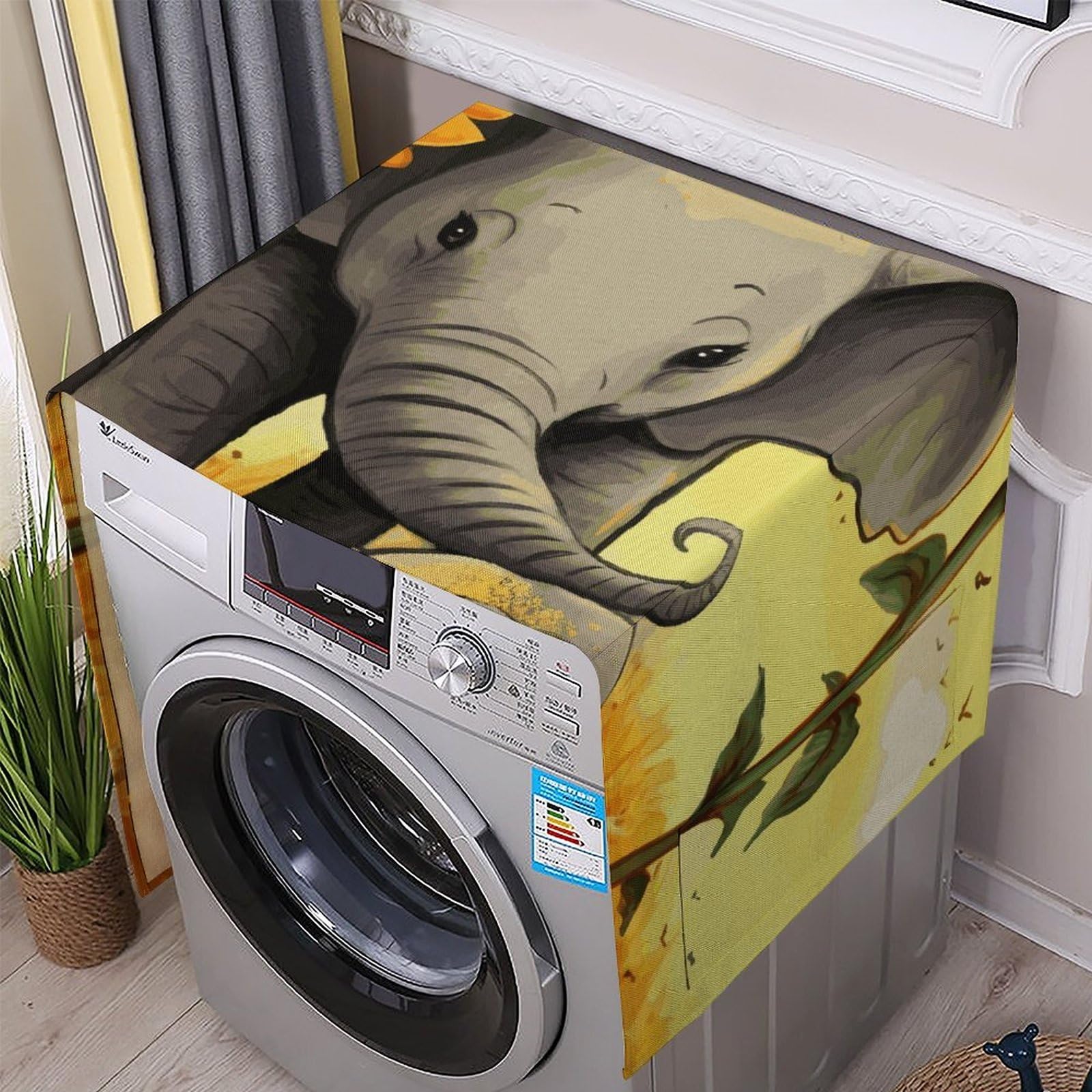 Fodpand White Washing Machine Cover For Top Load Dustproof Elephant And Sunflowers Washer And Dryer Cover With Storage Pockets Household Appliance Covers Washable Top Protector Mat Pad For Laundry & Kitchen