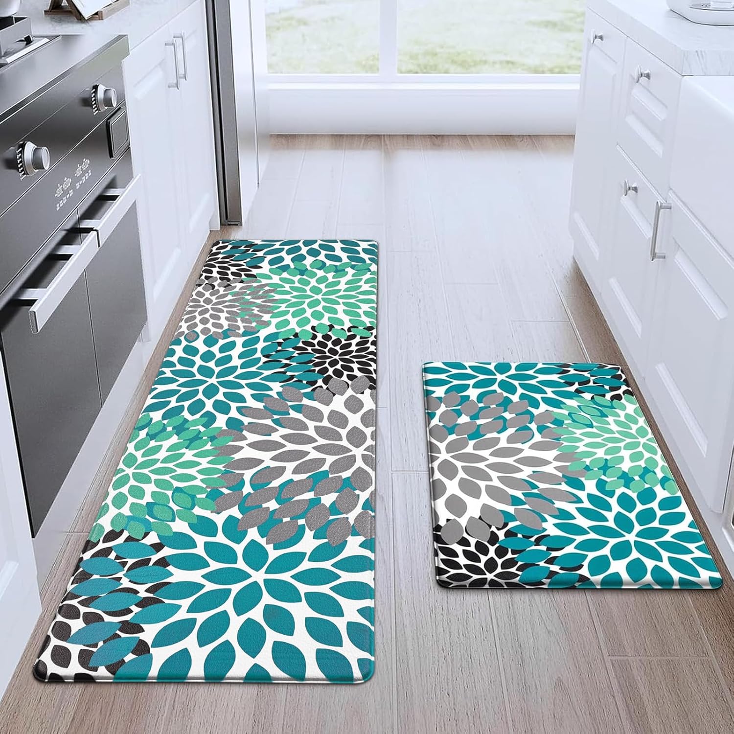 Likiyol Kitchen Mats for Floor [2 PCS] Anti-Fatigue Comfort Kitchen Rugs, Boho Flower Cushioned Waterproof Kitchen Decor Mat Thick, 18''x30''+18''x60'', Teal