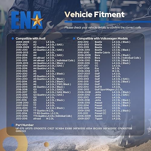 Miniatura 7 de ENA Juego de 5 bobinas de encendido 2005 2006 2007 2008 2009 2010 2011 2012 2013 2014 compatibles con Volkswagen VW Jetta Rabbit Beetle Passat Golf