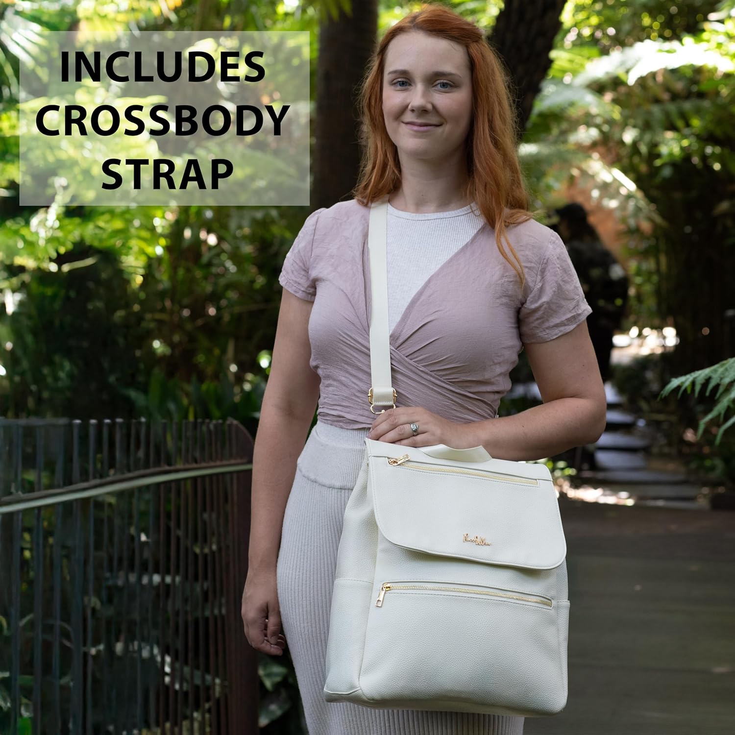 Premium Vegan Leather Diaper Bag Backpack – Large Designer Baby Bag, Stylish Diaper Backpack with Stroller & Crossbody Straps & Multiple Compartments (Ivory) - Image 6