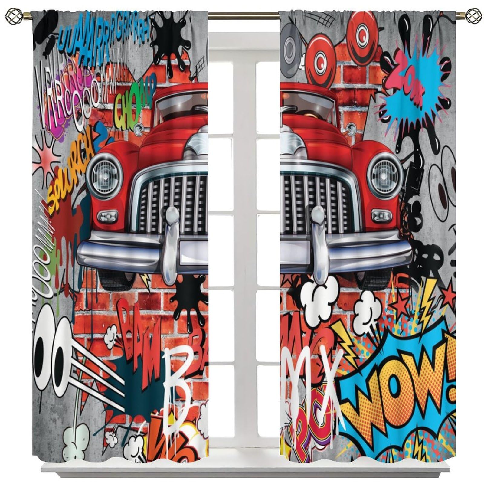 Graffiti Curtains, VCool 3D Walls Creative Abstract Street Art Car Paint Blackout Windows Treatments, Thermal Insulation Rod Pocket Drapes for Kids Boys Girls Living Room Bedroom 42x63in