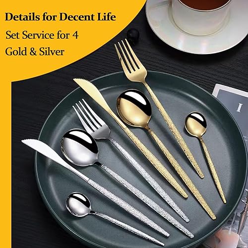 Miniatura 2 de Juego de cubiertos para 4, 16 piezas, acero inoxidable de grado alimenticio, juego de cubiertos dorados martillados para el hogar, cocina,