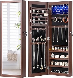 Nicetree 6 LEDs Jewelry Mirror Cabinet, 4.2" D Full Length Mirror with Storage, Door/Wall Mounted Jewelry Storage Mirror, Acrylic Cover, Larger Capacity, Brown