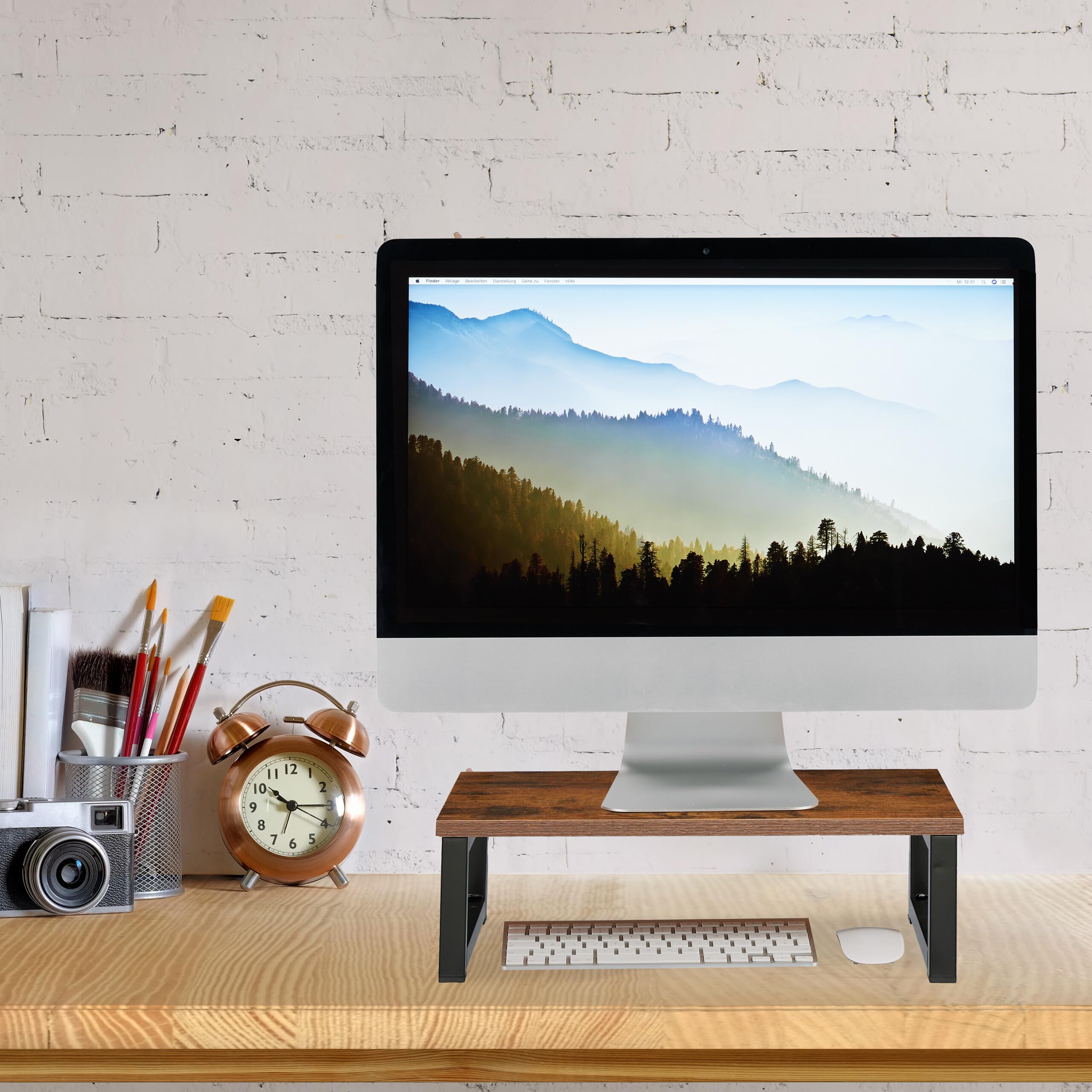 Relaxdays Supporto per Monitor, Alza Schermo PC per Scrivania, HxLxP: 15 x 40 x 23 cm, Design Industriale, Marrone Nero