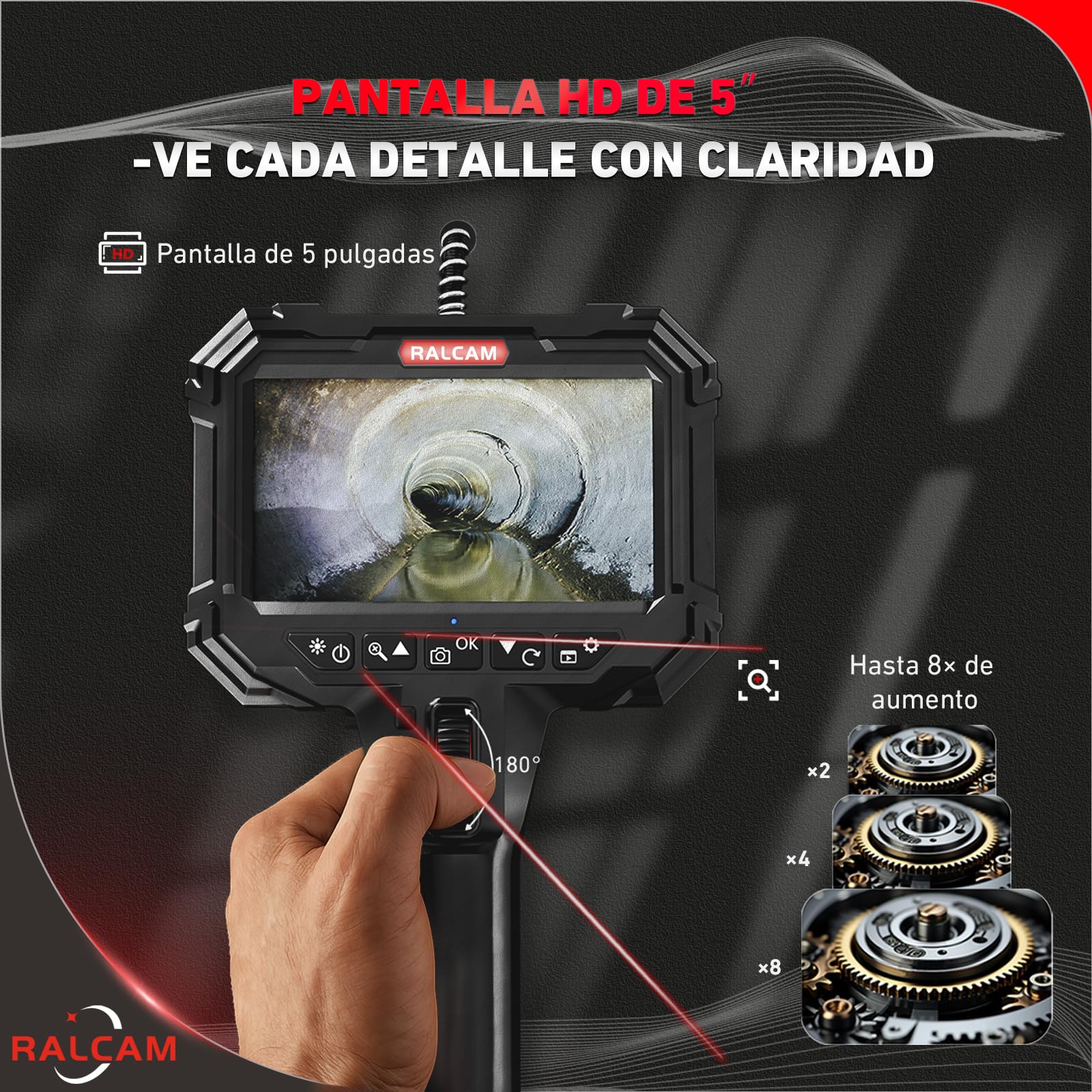 Ralcam Cámara endoscopio con luz, cámara endoscopio con Cabeza móvil de 210°, sonda de 5,5 mm, Pantalla HD de 5 Pulgadas, cámara de inspección IP67, Tubo de Manguera elástica de 1,5 m, cámara de Tubo