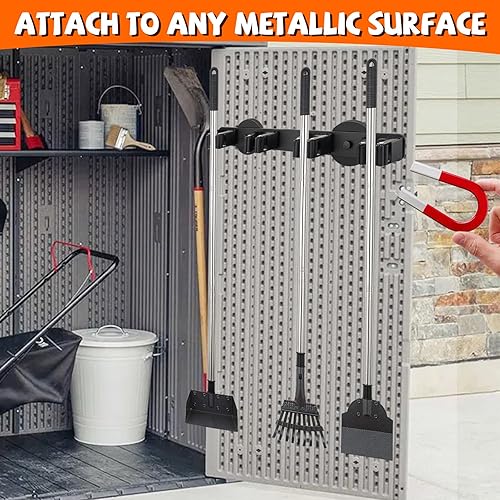 Miniatura 5 de Soporte magnético para escobas, fuerte soporte magnético para trapeador, 4 estantes para herramientas de limpieza, ganchos magnéticos