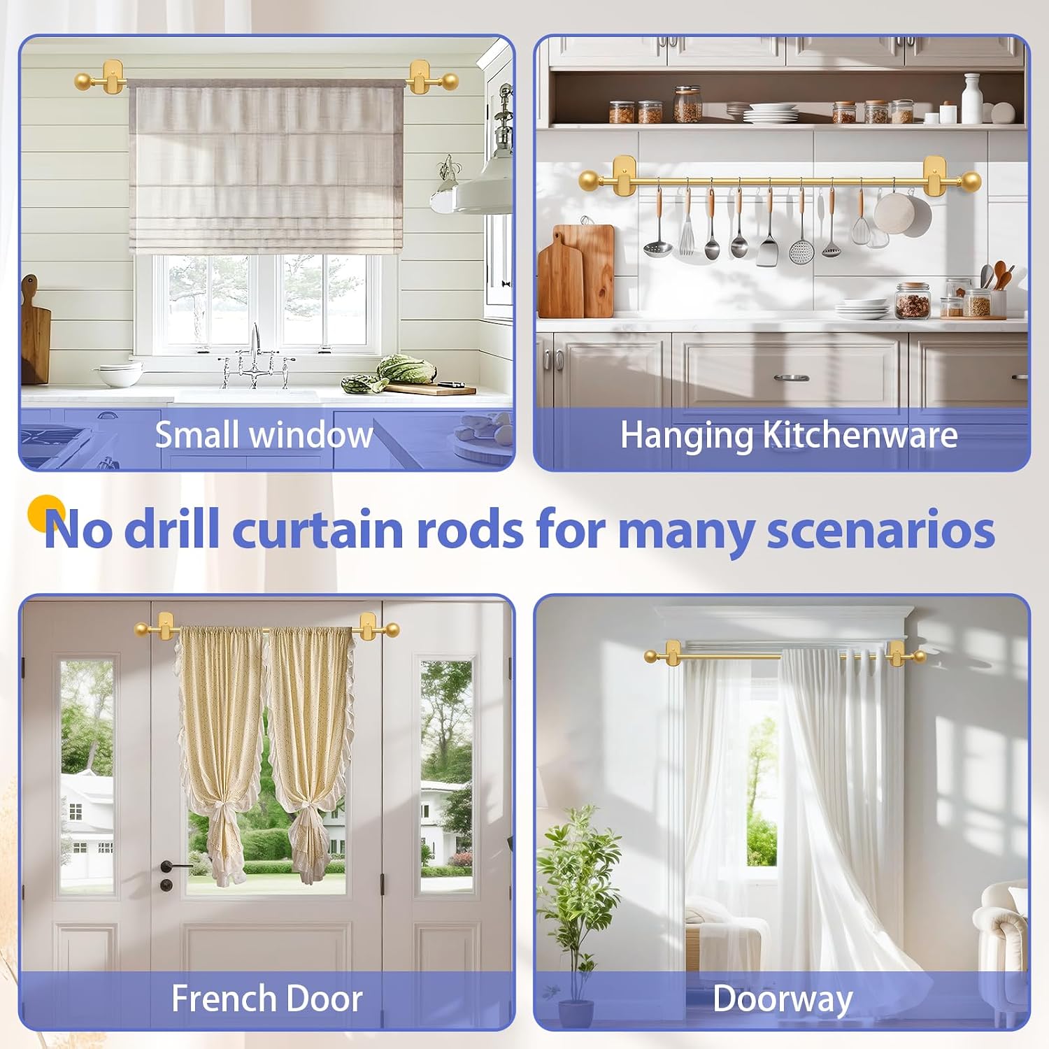 TKZTKZ Curtain Rods No Drilling with Adhesive Brackets,Adjust 36-88,Gold