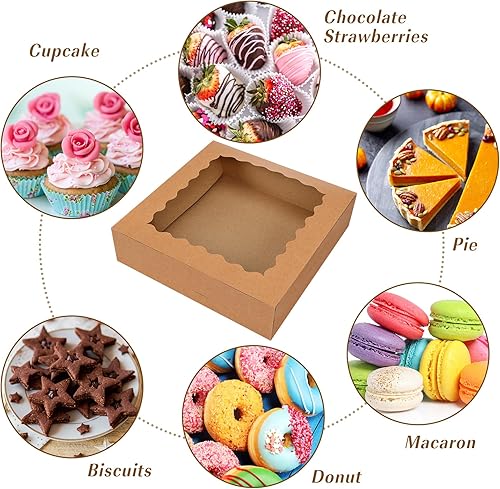 Miniatura 5 de Moretoes 10 cajas para tartas de 10 x 10 x 2.5 pulgadas, cajas de panadería marrones con ventana, cajas de golosinas para cupcakes, donas cubiertas