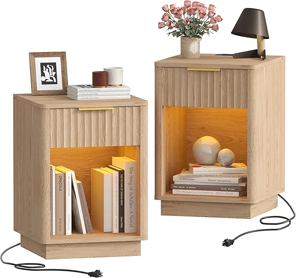 Akxomel Fluted Nightstands Set of 2, Wooden Night Stand with Charging Station and LED Light, Modern Mid Century End Table with Drawer, 15" D x 15.7" W x 22.6" H, for Bedroom, Natural Oak