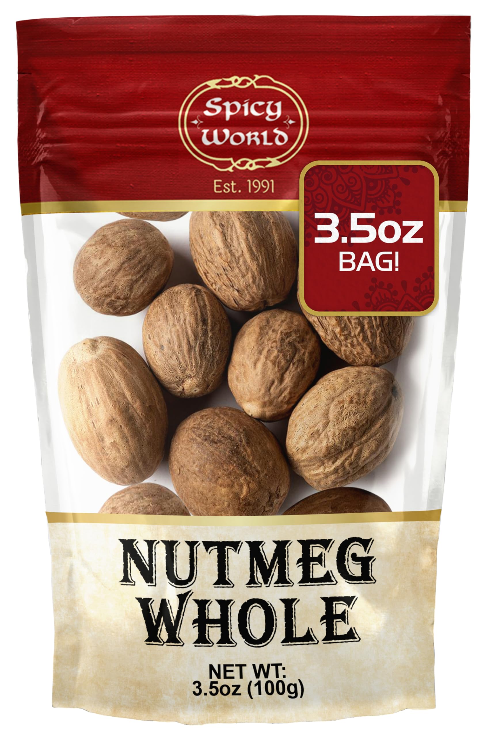 Spicy World Nutmeg Whole 3.5oz (100g) - Premium Grade from Indonesia, Pure, Natural, Gluten Free