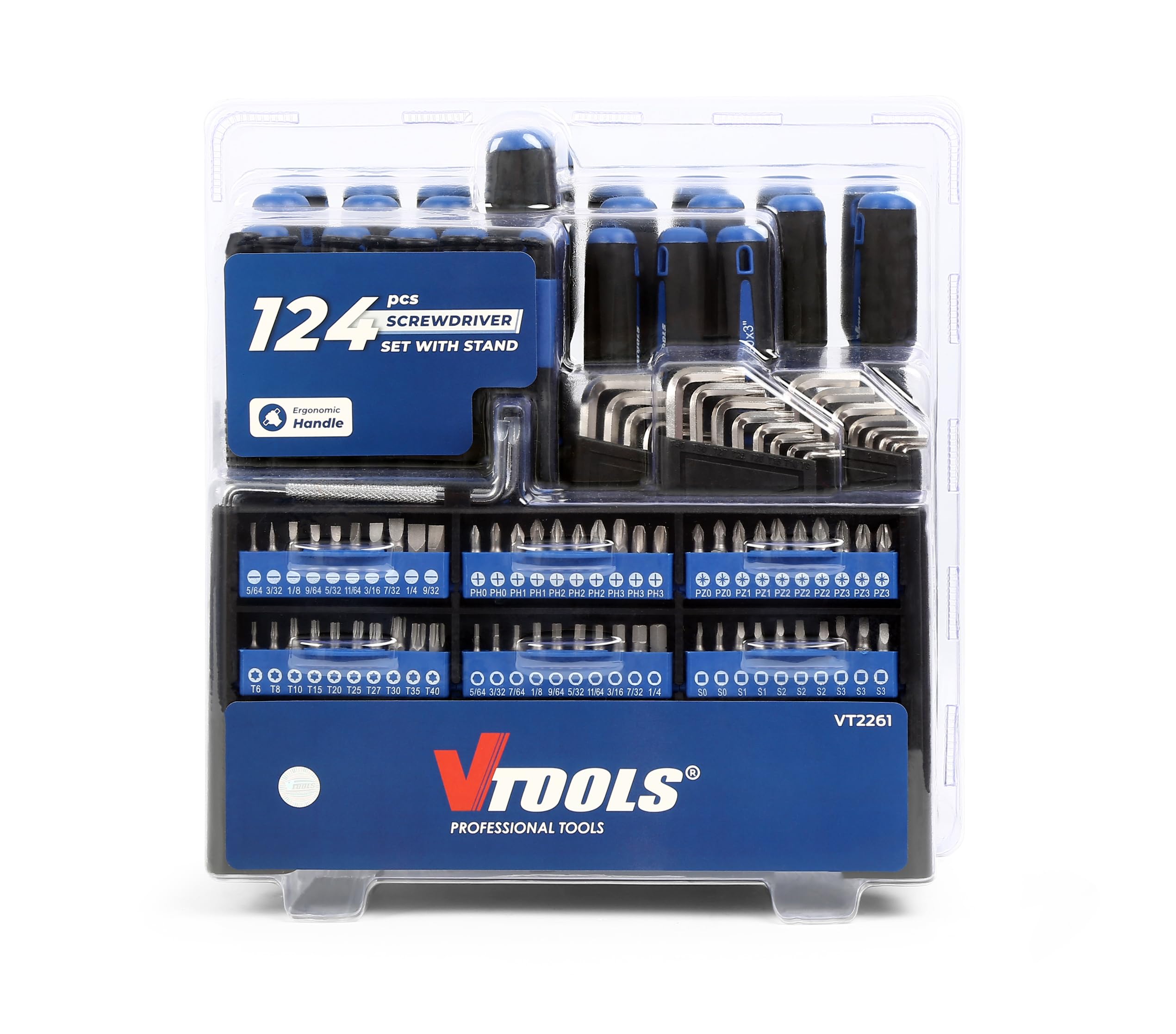 VTOOLS 124 PCS Screwdriver Set with Stand, Includes Precision Screwdrivers, Hex Keys, Ratchet Handle, Nut Drivers, Offset Screwdrivers, and Screw Bits, Tool Kit for Home and Professional Use,VT2261