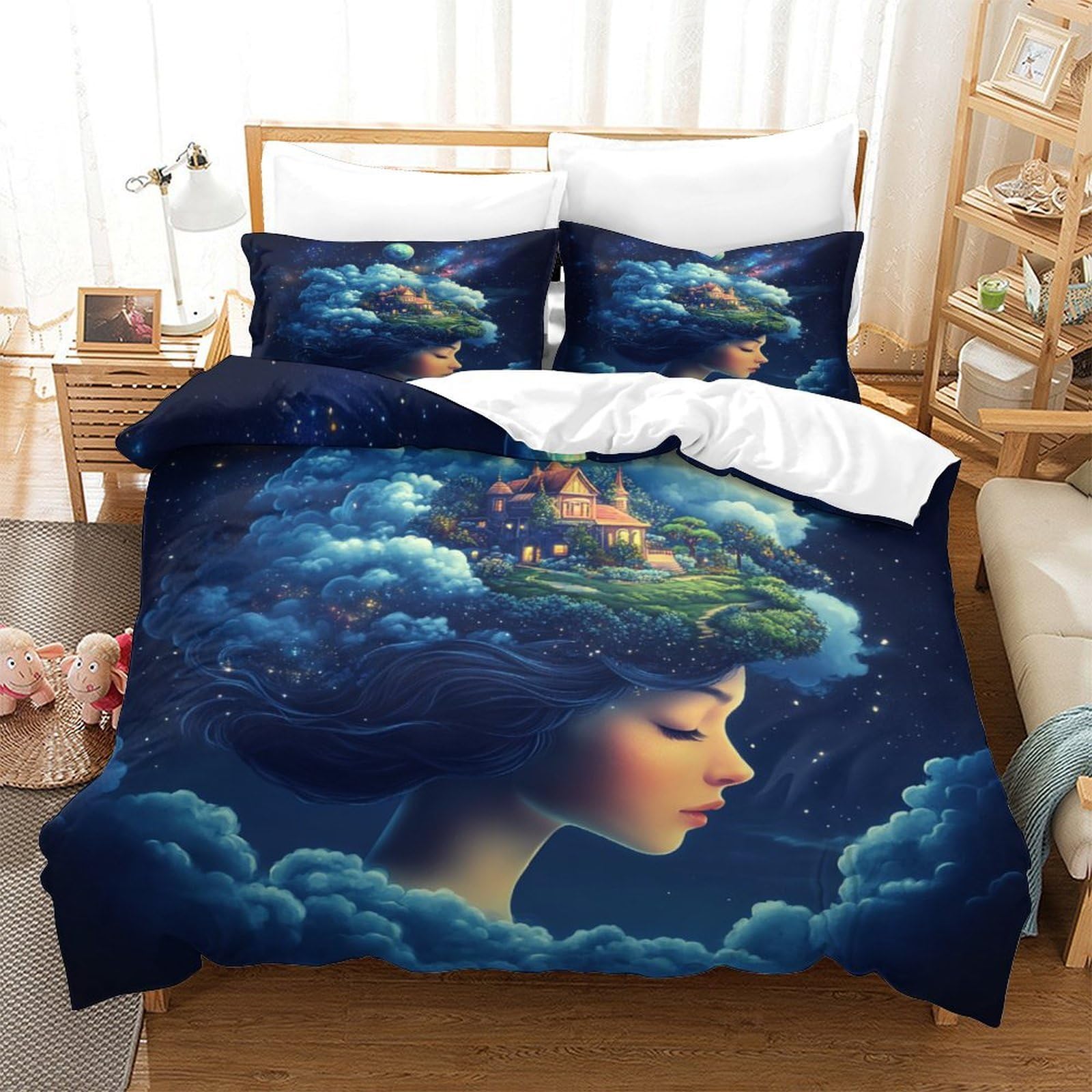 Fantasia onirica Impressione 3D 3 pz cover piumone Stile artistico fantasy fodera per edredone microfibra morbida ipoallergenica per ragazze donne adulti Super king（260x220cm）