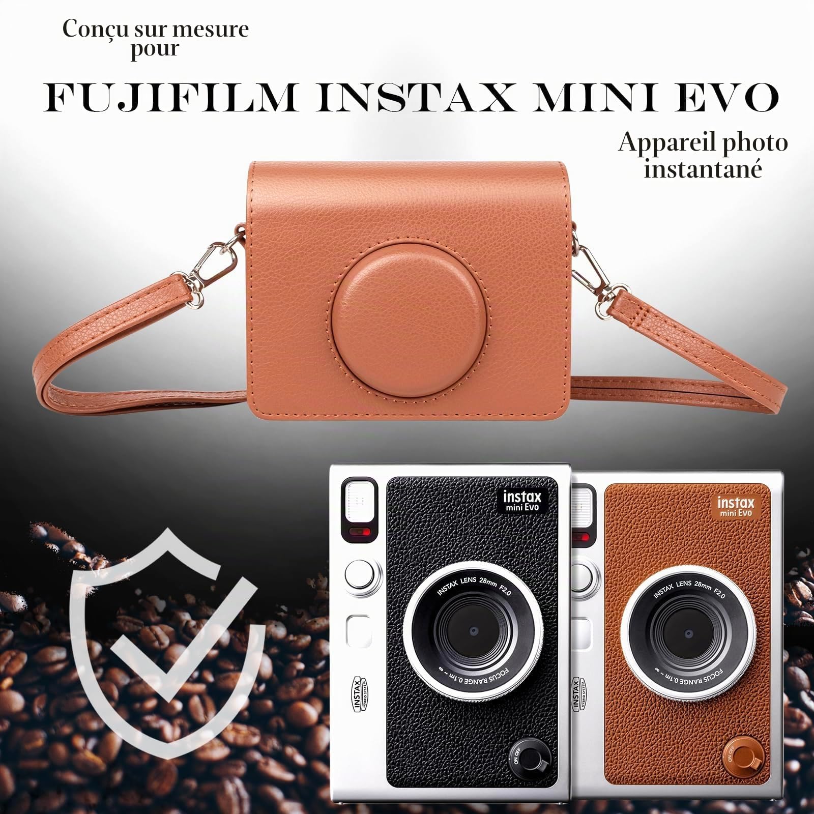 Rieibi Etui pour Appareil Photo Mini Evo, Housse de Protection en Cuir PU Vintage pour Appareil Photo instantané Fujifilm Fuji Instax Mini Evo avec bandoulière Amovible