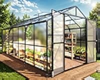 Jocisland 8x14 FT Polycarbonate Greenhouse with Quick-Connect Fittings, Walk-in Large Aluminum Sunroom with 2 Swing Doors, Winter Greenhouse for Outdoors Black