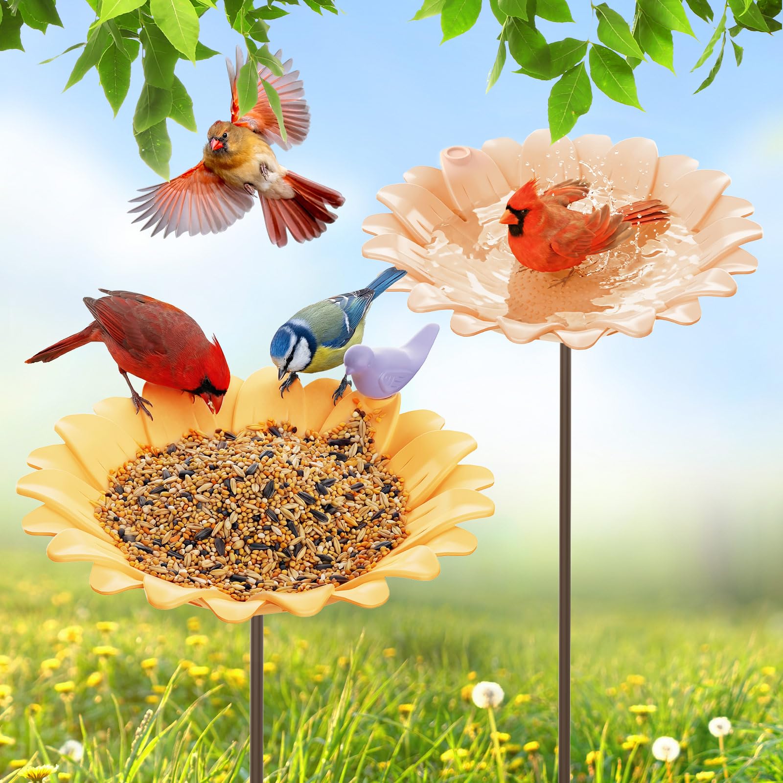 Kinsgyard 2 Pack Free Standing Tray Bird Feeders with Adjustable Pole, Wild Bird Feeder for Outdoor Garden Yard Decor, Large Seed Capacity, Easy to Clean and Refill, Yellow & Beige