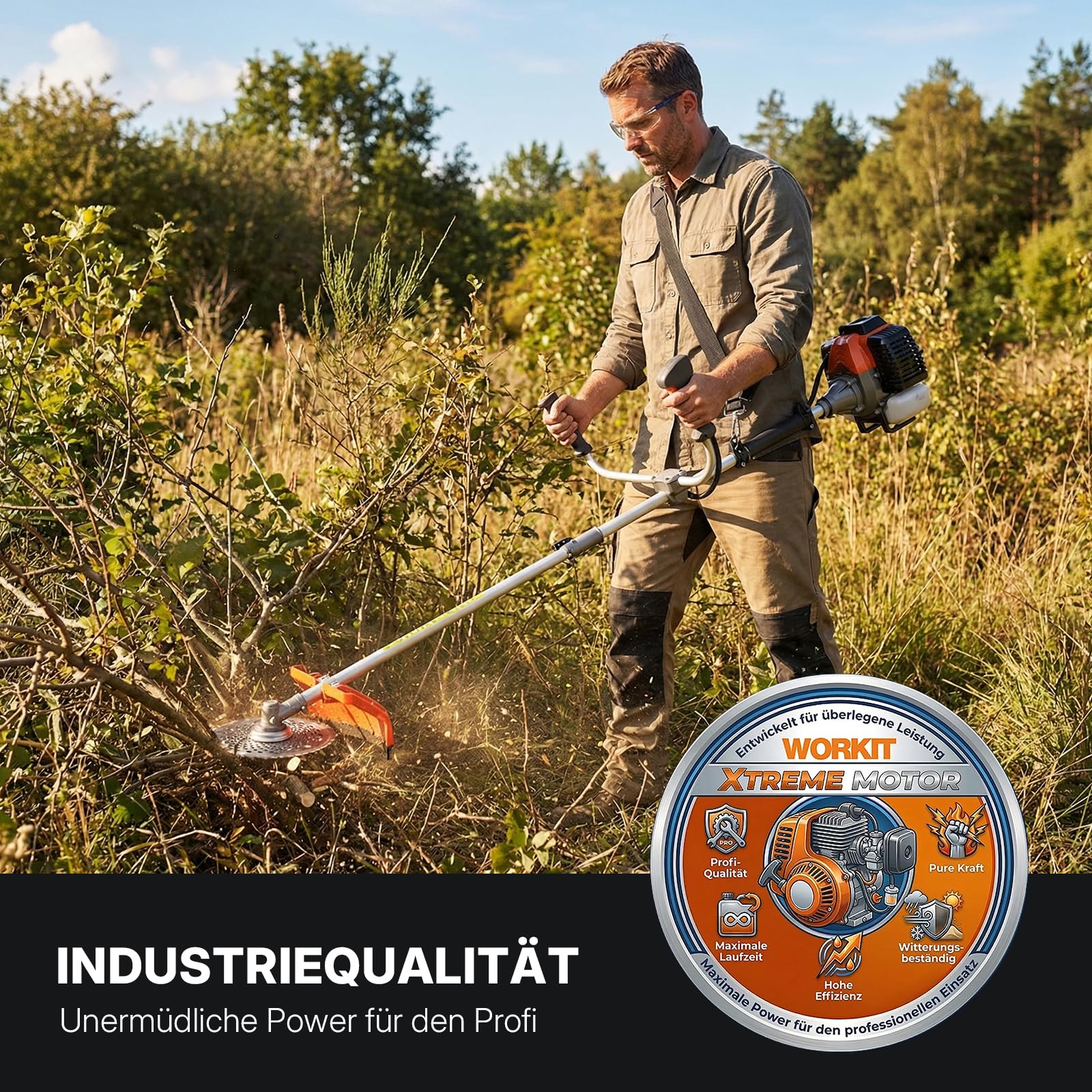 WORKIT Podkaszarka spalinowa 52 cm³, 2 KM, 3 w 1, benzynowa, w zestawie szczotka do chwastów i nóż 40T, szerokość cięcia 46 cm, do zarośli i dużych powierzchni, profesjonalne narzędzie ogrodowe