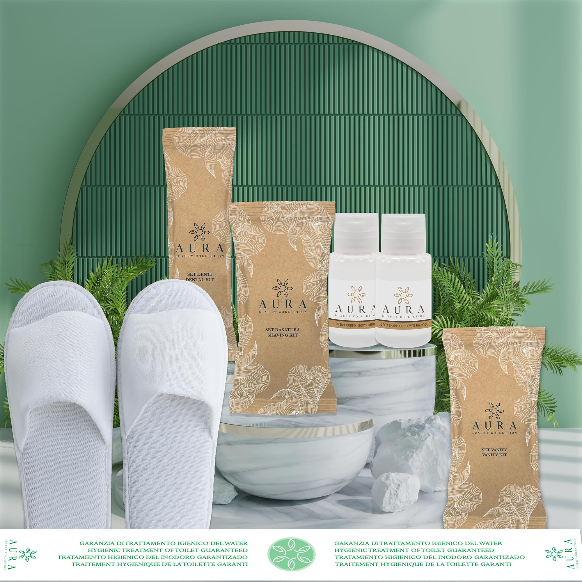 Aura Luxury Collection Zestaw 260 sztuk z kremem do ciała, szampon prysznicowy, luksusowe jednorazowe kapcie, zestaw Vanity, zestaw do golenia, zestaw do higieny jamy ustnej + 500 zespołów