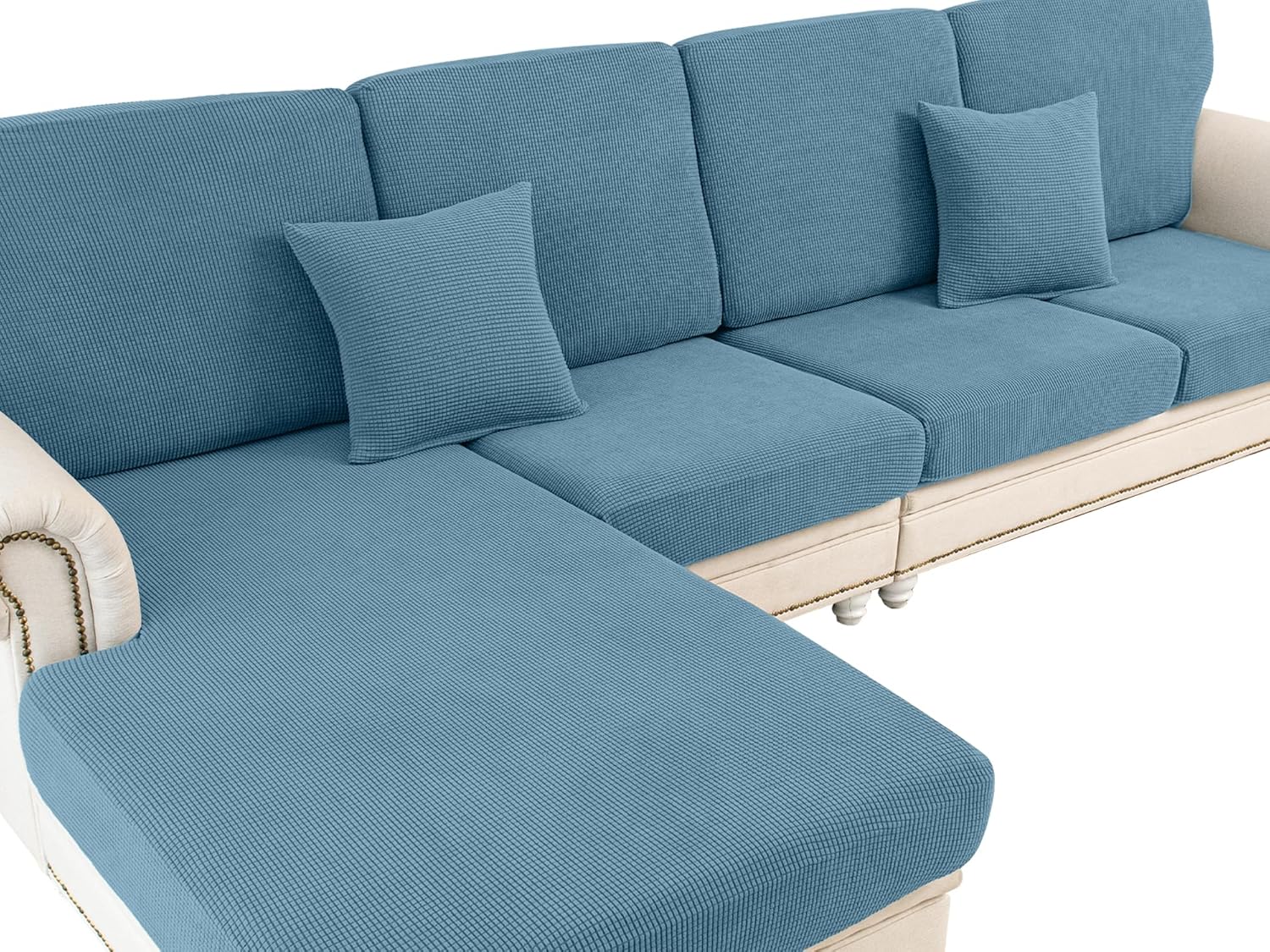Couch Cushion Covers for Sectional Sofa L Shape Washable Separate Seat Chaise Couch Cover Stretch Sofa Slipcovers with 2 Pcs Pillowcases(2 Seater + 1 Chaise, Blue)