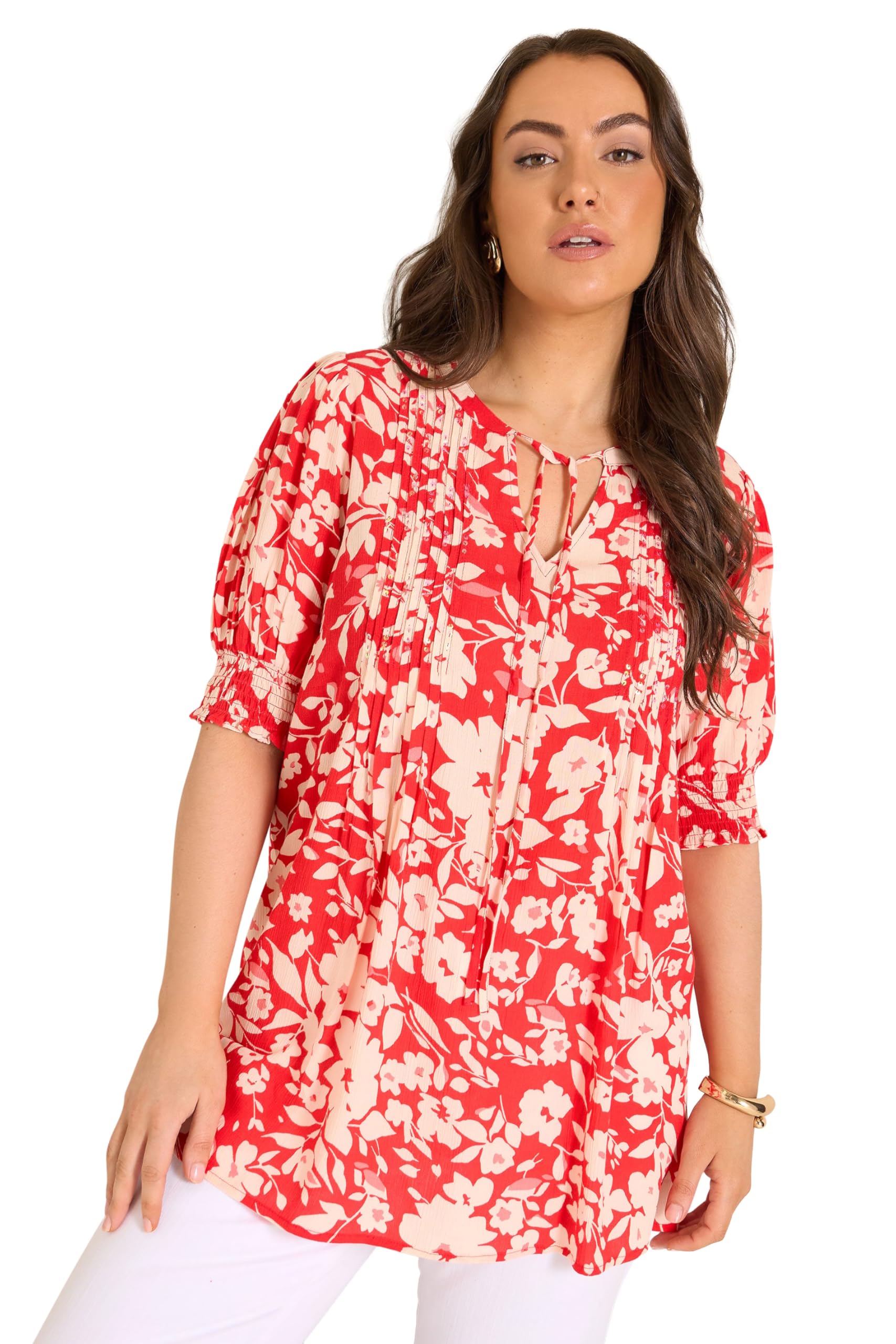 Evans Women's Red Curve Floral Pintuck Tie Neck Blouse - Plus Size Curve