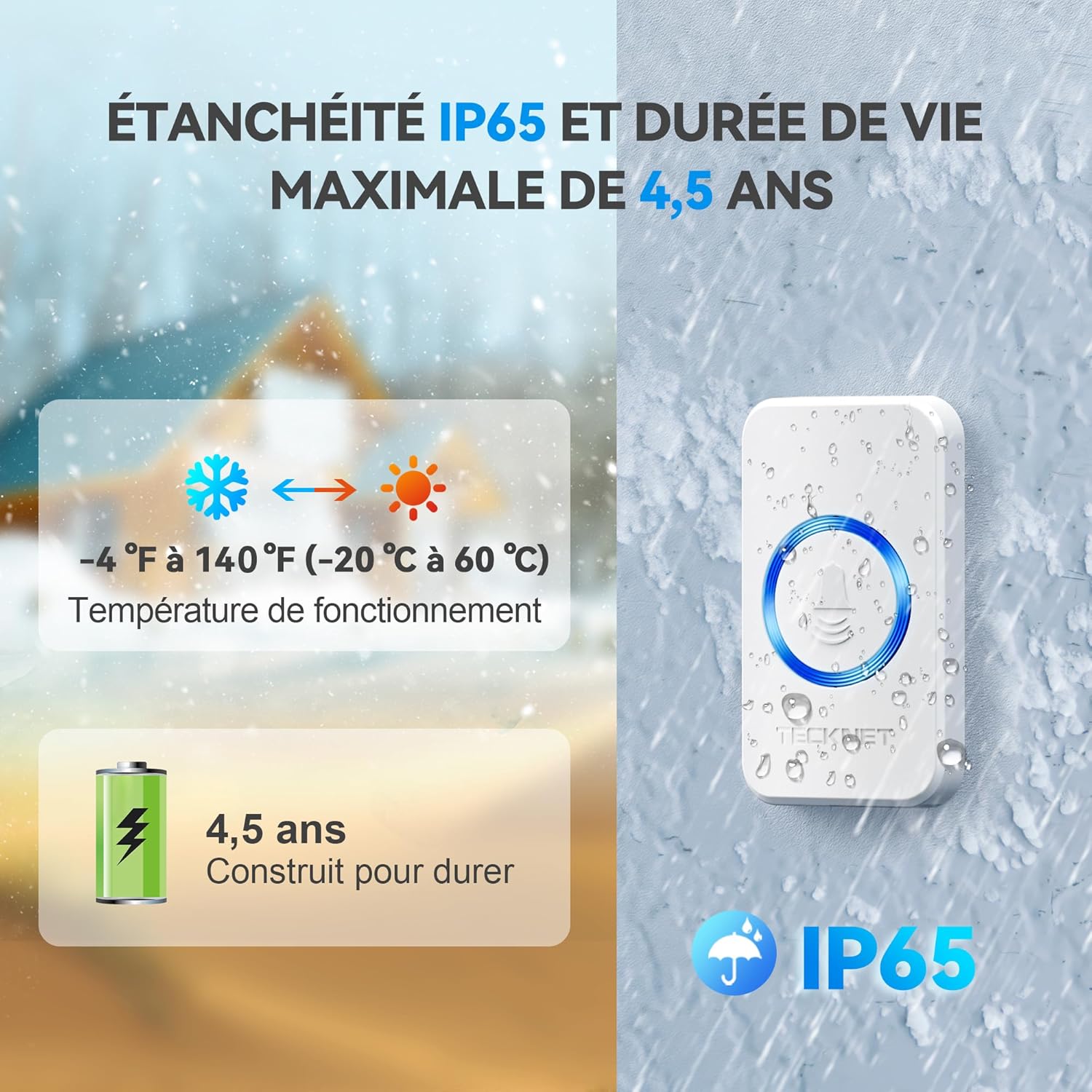 TECKNET Wireless Doorbell showing IP65 waterproof rating, operating temperature range, and 4.5-year battery life