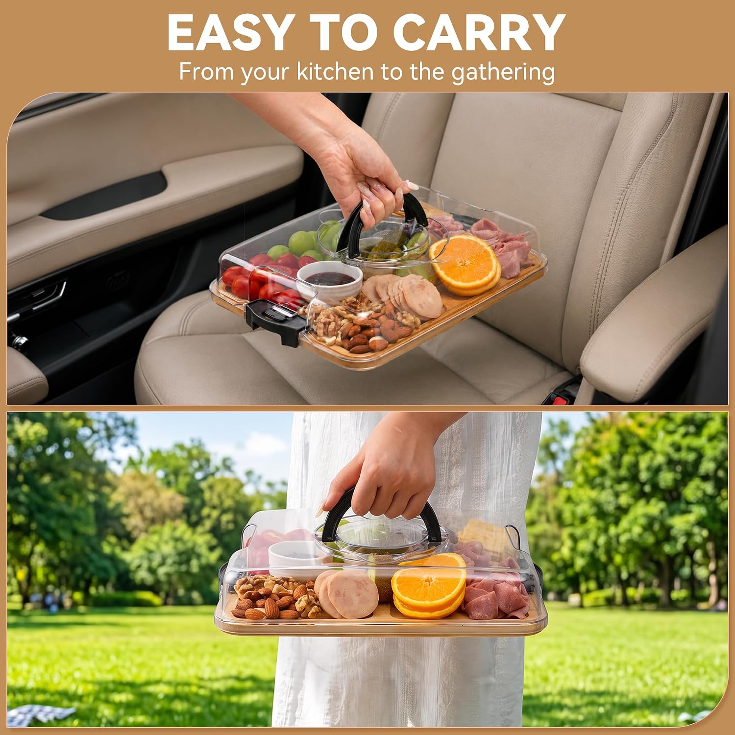 Bamboo Charcuterie Board with Lid, Portable 1-Compartment Tray