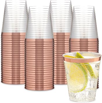 PLASTICPRO Disposable 7 oz Crystal Clear Plastic Tumblers With Rose Gold Rim for Partys & Weddings pack of 100