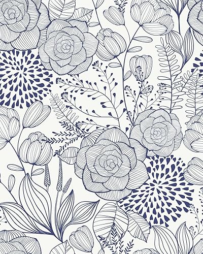 Miniatura 10 de Wudnaye Papel tapiz floral azul marino para despegar y pegar, papel tapiz azul y blanco, 16.9"×118" papel de pared floral azul marino despegar y